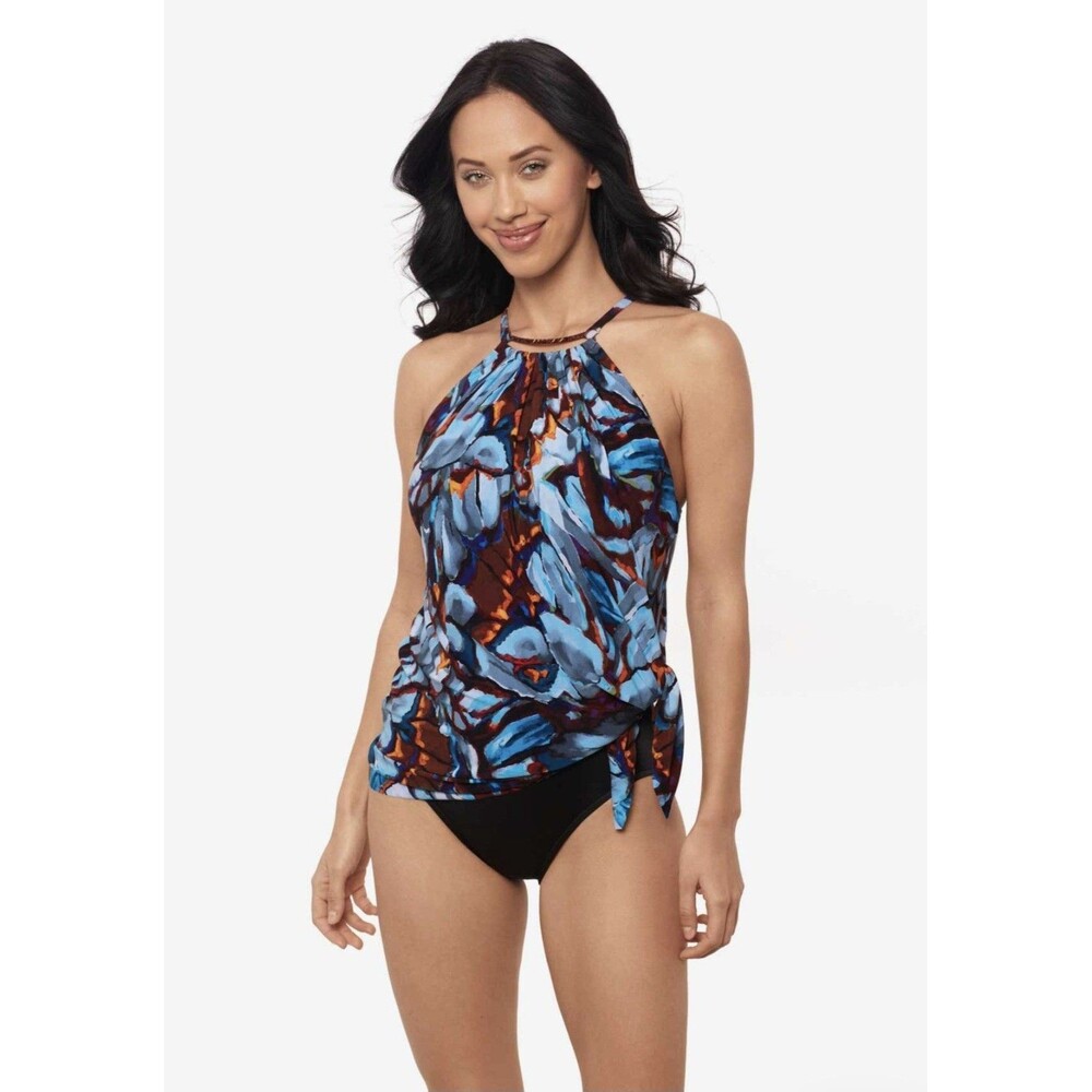 Magicsuit Sz 12 Parker One Piece Swim Dress Multi High Neck Halter Side Tie NWT